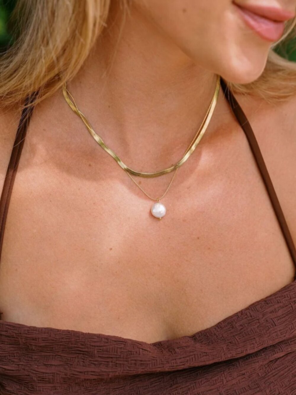 Double Layer Gold Necklace w/ Round Coin Pearl Herringbone & Dainty WATERPROOF